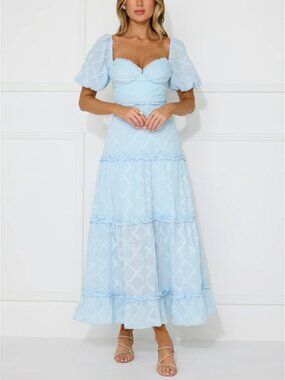 Hello Molly Show My Love Maxi Dress 6 Blue Lace Puff Sleeve Corset Cottagecore